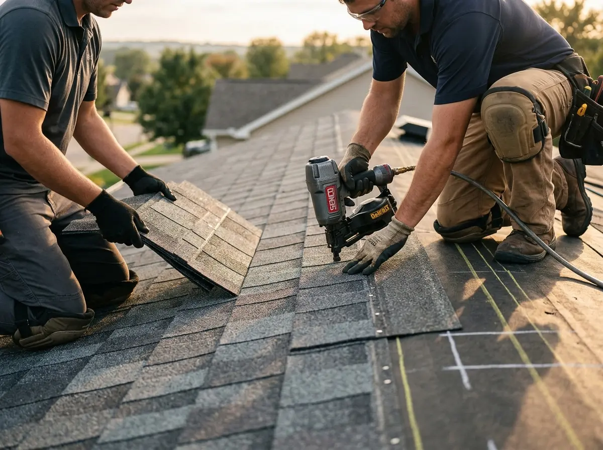 Professional roofer working on a residential roof in Hazelwood